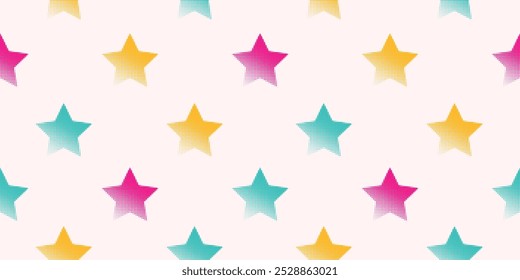 Seamless pattern with halftone bright stars in pink, blue, yellow colors. Retro dotted vintage backdrop for textile, wrapping paper, fabric, background, wallpaper, cover, print design. Vector