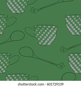 Seamless pattern, halftone, cups, teaspoons. Hand drawn.