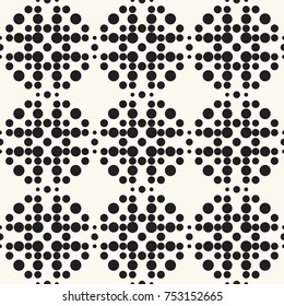 Seamless pattern halftone design. Modern textile print with black dots. Vector fashion background. Grid of circles.