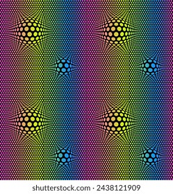 Seamless pattern of halftone dots or polka dots, convex, distorted. Multicolored dots with gradient in holographic colors.