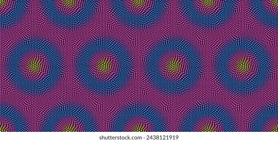 Seamless pattern of halftone dots or polka dots swirled, distorted. Multicolored dots with a radial gradient in holographic tones.