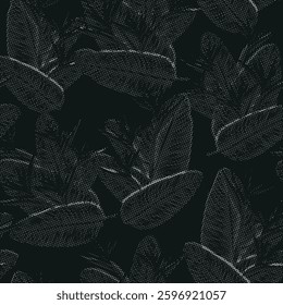 Seamless pattern with halftone effect leaf vector illustration isolated on black background. Design for use all over fabric print wrapping paper and others.