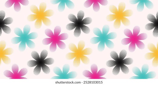 Patrón sin fisuras con flores de semitono en colores rosa, azul, amarillo, negro. Cubierta vintage punteada retro para textiles, papel de embalaje, tela, fondo, Fondo de pantalla, telón de fondo, diseño de impresión. Vector