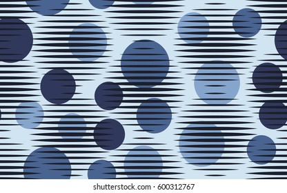 Seamless pattern. Halftone striped transparent spheres. Chaos circles. Fantastic star. Children's textiles. Flat. Cartoon. Abstraction.