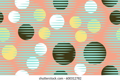 Seamless pattern. Halftone striped transparent spheres. Chaos circles. Fantastic star. Children's textiles. Flat. Cartoon. Abstraction.