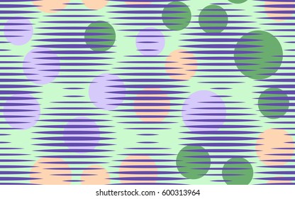 Seamless pattern. Halftone striped transparent spheres. Chaos circles. Fantastic star. Children's textiles. Flat. Cartoon. Abstraction.