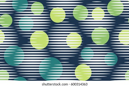 Seamless pattern. Halftone striped transparent spheres. Chaos circles. Fantastic star. Children's textiles. Flat. Cartoon. Abstraction.