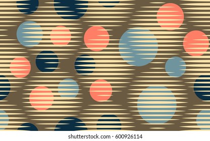 Seamless pattern. Halftone striped transparent spheres. Chaos circles. Fantastic star. Children's textiles. Flat. Cartoon. Abstraction.
