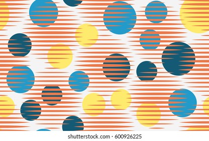 Seamless pattern. Halftone striped transparent spheres. Chaos circles. Fantastic star. Children's textiles. Flat. Cartoon. Abstraction.