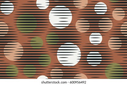 Seamless pattern. Halftone striped transparent spheres. Chaos circles. Fantastic star. Children's textiles. Flat. Cartoon. Abstraction.