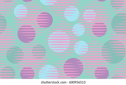 Seamless pattern. Halftone striped transparent spheres. Chaos circles. Fantastic star. Children's textiles. Flat. Cartoon. Abstraction.
