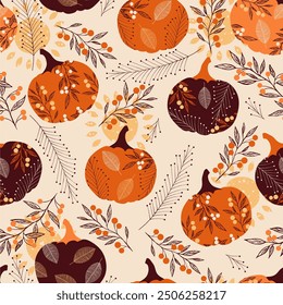 Seamless pattern of Halloween abstract pumpkins with fall leaves and berries. Perfect for fall, Halloween, holidays, fabric, textile.