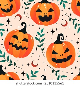 Seamless pattern of Halloween abstract pumpkins with leaves. Stars and crescent. Perfect for fall, Halloween, holidays, fabric, textile.