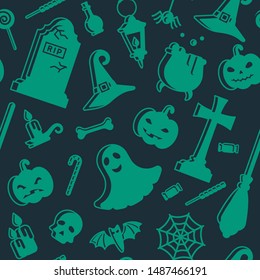 Seamless pattern with halloween accessories in flat style