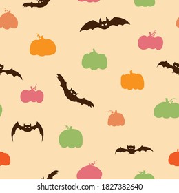 Seamless pattern for Halloween, All Hallows 'Eve,All Saints' Eve. Endless background with multicolored hand drawn pumpkins and bats. Simple bright wallpaper.Vector illustration