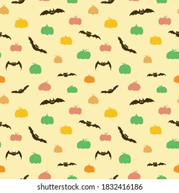 Seamless pattern for Halloween, All Hallows 'Eve,All Saints' Eve. Endless background with multicolored hand drawn pumpkins and bats. Simple bright wallpaper.Vector illustration