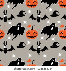 Seamless pattern with Halloween attributes, bat, witch, hat, pumpkin, spider. Vector illustration. Wrapping paper, print for fabric.