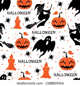 Seamless pattern with Halloween attributes, ghost, witch, candle, pumpkin, spider. Vector illustration. Wrapping paper, print for fabric.