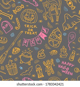 Seamless Pattern with Halloween attributes on gray background. Vector illustration. Cookie, ghost, bones, bat, skeleton, balloons, broom, pumpkin, cat, sweets. Paper and textile design. Trick or treat