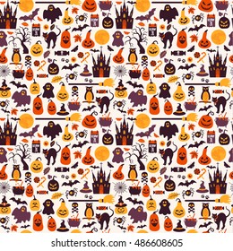 Seamless pattern of halloween for autumn celebration with icons in flat style. Vector design illustration of halloween.