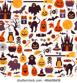Seamless pattern of halloween for autumn celebration with icons in flat style. Vector design illustration of halloween.