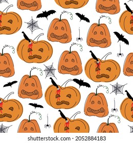 Patrón sin foco para Halloween con calabazas increíbles. ilustración vectorial en estilo doodle.