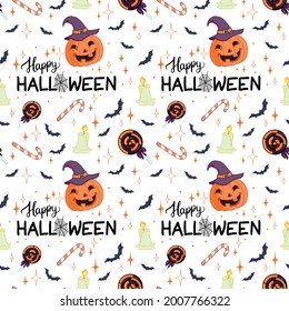 seamless pattern Halloween background with elements of hand-drawn pumpkin and halloween lettering. Vector illustration