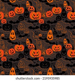 seamless pattern halloween background with pumpkins and bats