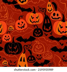 seamless pattern halloween background with pumpkins and bats