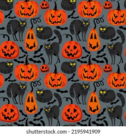 seamless pattern halloween background with pumpkins and cats