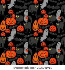 seamless pattern halloween background with pumpkins and cats