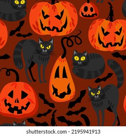 seamless pattern halloween background with pumpkins and cats