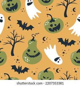 Seamless pattern Halloween background with pumpkins. Vector illustration.Printing on fabric, paper, postcards, invitations.