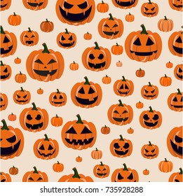 Seamless pattern. Halloween background. Pumpkins with different faces. Cartoon simple style.