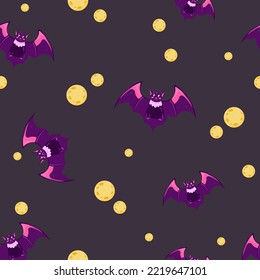 Seamless pattern. Halloween banner with bat on full moon background