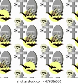 seamless pattern for halloween bat, moon, skull, spider, cemetery vector illustration
