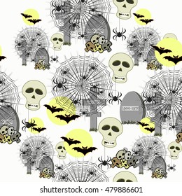seamless pattern for halloween bat, moon, spider, cemetery vector illustration