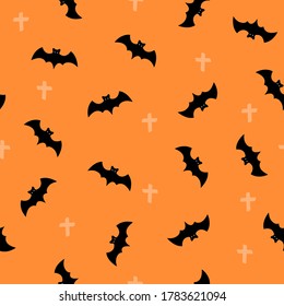 Seamless pattern with halloween bat on orange background. For wrapping paper, invitations, web design. Vector illustration in flat style.