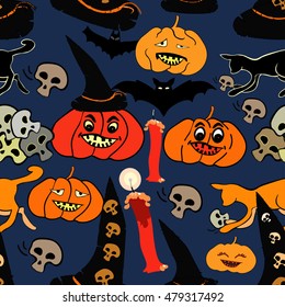 seamless pattern for halloween bat, pumpkin, witch's hat on blue background vector illustration