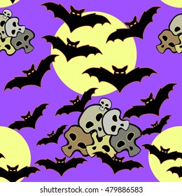 seamless pattern for halloween bat, skull, moon on a violet background vector illustration