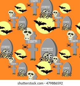 seamless pattern for halloween bat, skull, spider, a graveyard on an orange background vector illustration