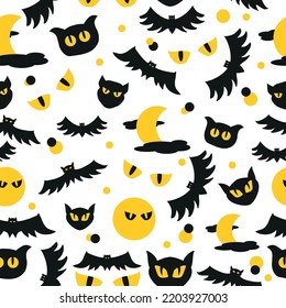 Seamless pattern for Halloween, bats, cats, moon