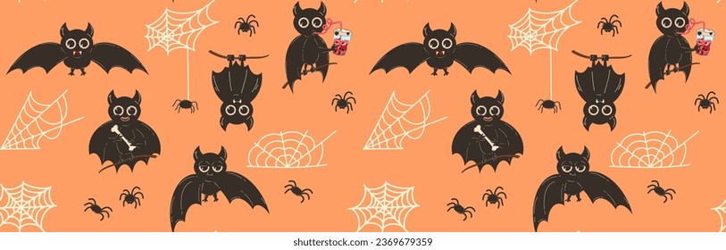 Seamless pattern for Halloween with bats and cobwebs. Vector background with cute bat character in flat retro style.