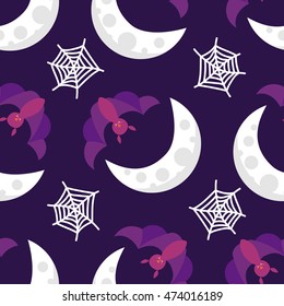 Seamless pattern halloween bats on moon with web
