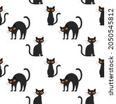 Seamless pattern with a Halloween black cat with yellow eyes. Flat cartoon cat sits, stands and arched its back. An angry, dissatisfied, frowning animal. Color vector illustration on white background.