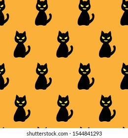 Seamless pattern halloween black cat on orange background vector illustration
