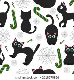 Seamless pattern Halloween black cat on a white background. Vector flat illustration. wallpapers, textiles, banners design. Festive theme - with cat. 