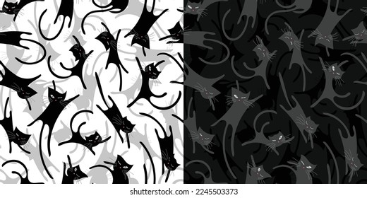 Seamless pattern with a Halloween black cat. Flat cartoon kittens lie, sleep, stretch and peep. Black and light pets on a white and dark background. Print set