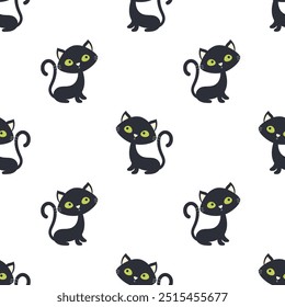 seamless pattern of halloween black cat with green eyes, flat cartoon vector illustration isolated on white background