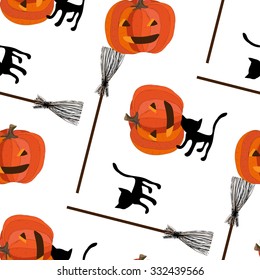 Seamless pattern for Halloween. Black cat, pumpkin and broom.
